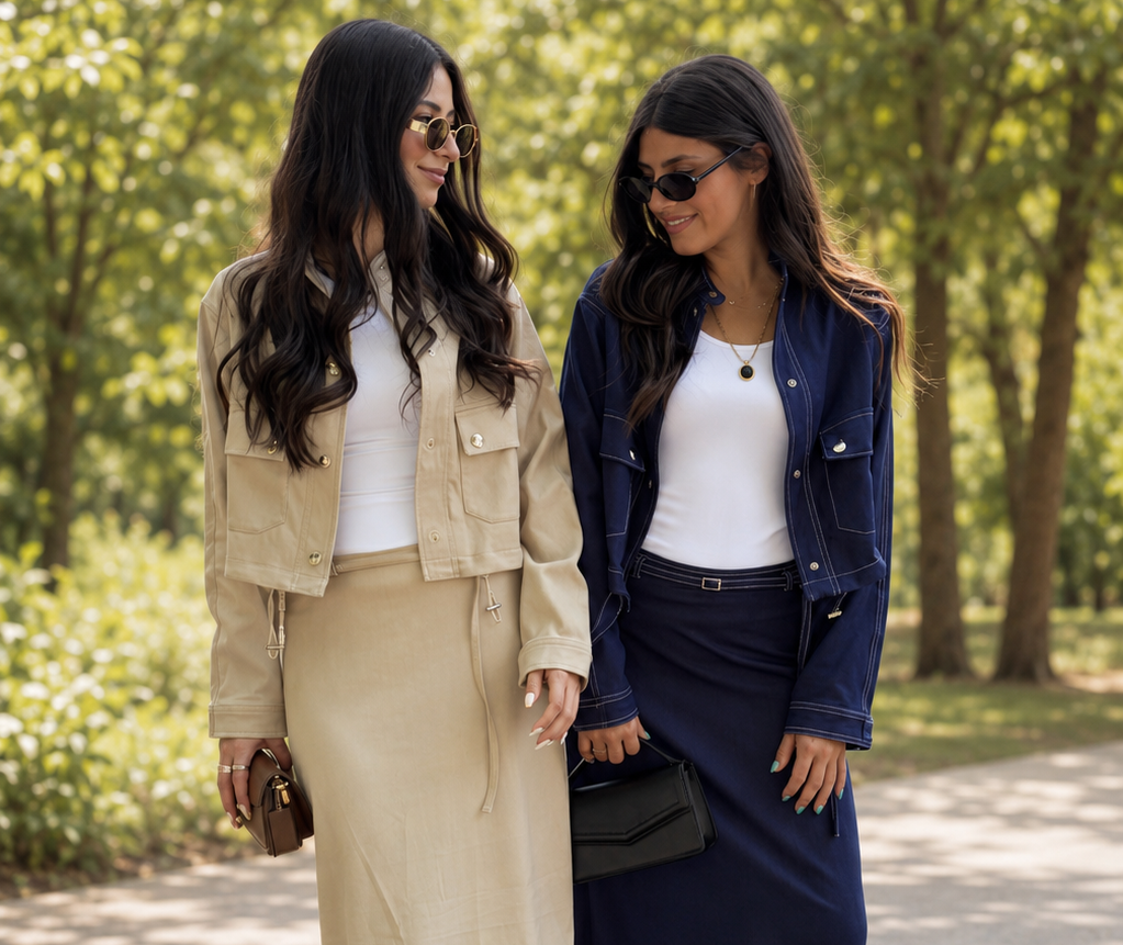 Oat Noir oat faux denim cropped jacket and belted modest midi skirt set