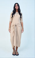 Elara Wrapé taupe eyelet modest swimsuit with 3/4 sleeves and wrap sarong