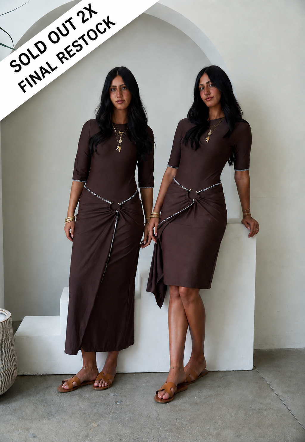 Coco Contour brown modest swimsuit with 3/4 sleeves and midi wrap swim skirt