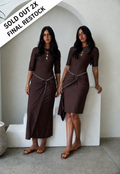 Coco Contour brown modest swimsuit with 3/4 sleeves and midi wrap swim skirt