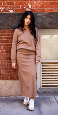 Mocha Mood waffle knit sweater and modest midi skirt set