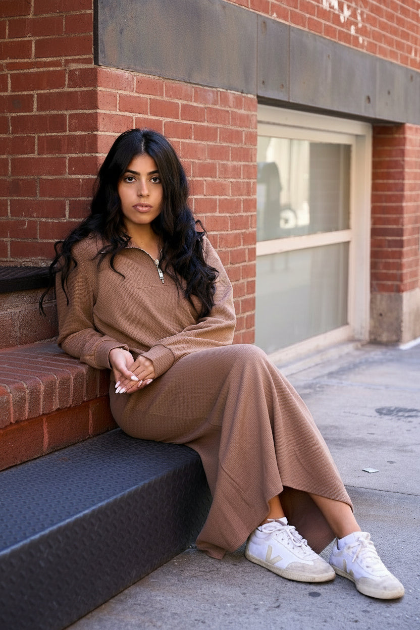 Mocha Mood waffle knit sweater and modest midi skirt set